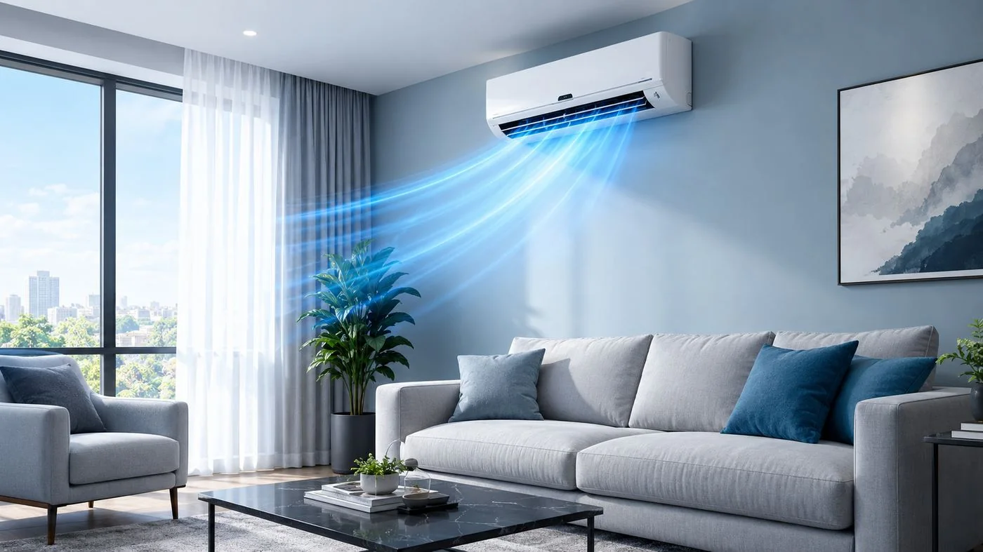 Ar-condicionado instalado climatizando uma sala de estar